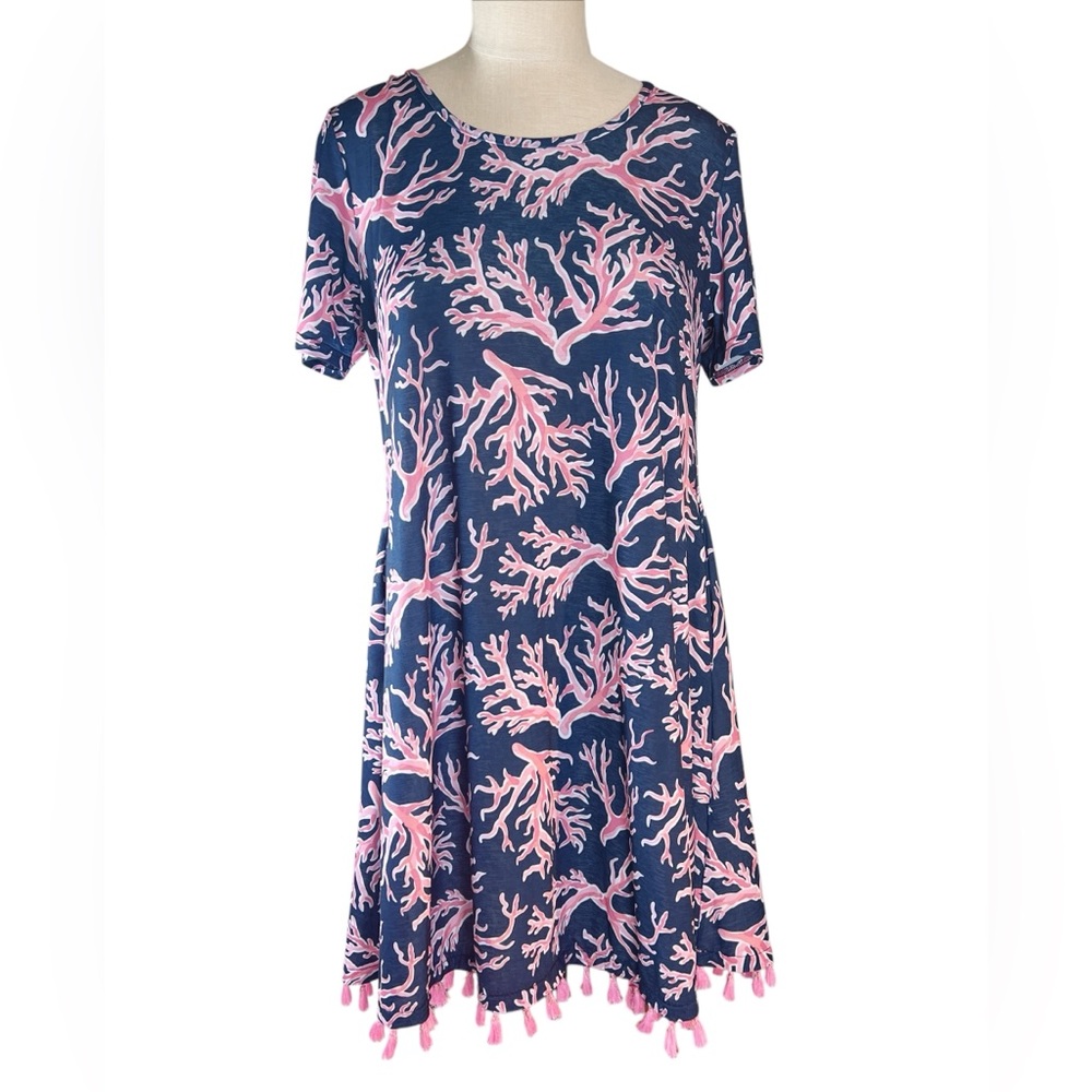 Simply‎ Southern Naples Coral Reef Short Sleeve Navy and Pink Dress Sz S EUC